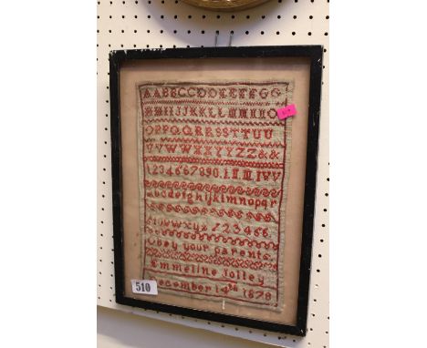19thC Alphabetic sampler dated September 14th 1878. 19 x 27cm 