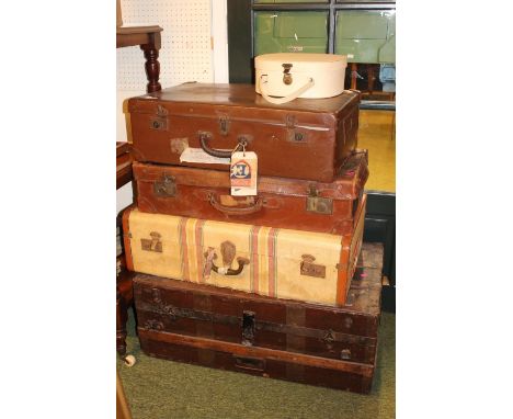 Pine planked metal bound trunk and 3 travelling cases 