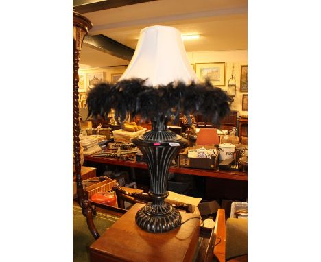 20thC Table lamp with feathered shade 