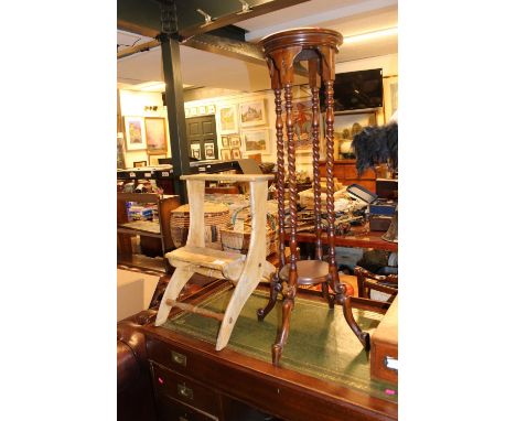 Folding Pine Step and a 20thC Hardwood barley twist jardinière stand 