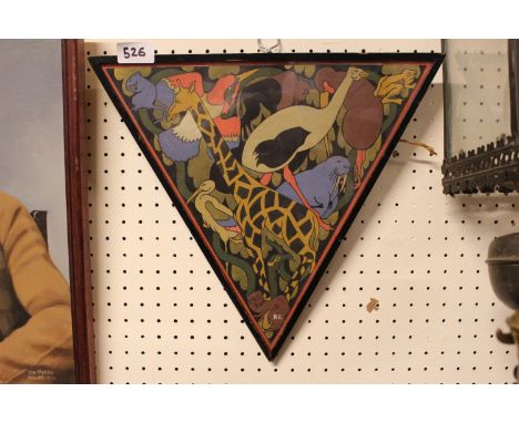 Interesting Triangular watercolour depicting Animals monogrammed R G. 33 x 30cm 