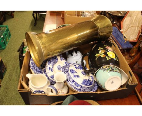 Box of assorted Ceramics inc Wade Feline Teapot, Brass Ewer etc 