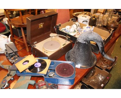 HMV Portable record player in Leatherette case a childs record player and a Gramophone Horn 