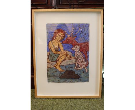 Eileen Cooper OBE RA B.1953 Scottish: 'Meeting',  coloured print 7 of 35, signed and titled in pencil, framed and glazed. 29 