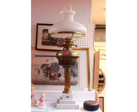 Edwardian Oil Lamp with opaque glass shade over brass reservoir and marble base 