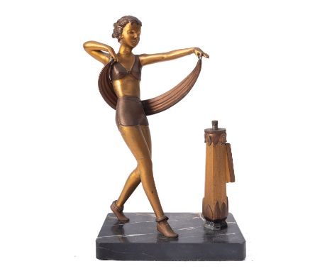 A painted metal and marble mounted figural table lighter, in Art Deco taste, circa 1930; modelled as a dancing girl beside a 