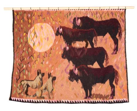 Naomi Semele (Botswanan, late 20th century), a hand woven tapestry representing cattle and hounds in a landscape, 117cm high,