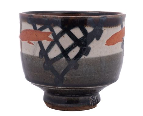 *John Maltby [1936-2020] a stoneware yunomi, the exterior stencilled with fish on a cream, brown and black net pattern ground