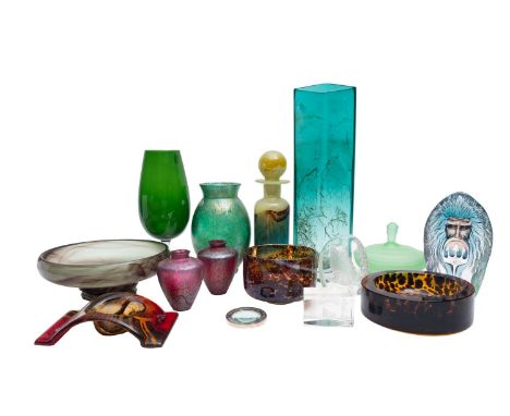 A collection of art glass, comprising a Mdina bottle and bowl a Mats Jonasson intaglio sculpture and one similar, three Royal