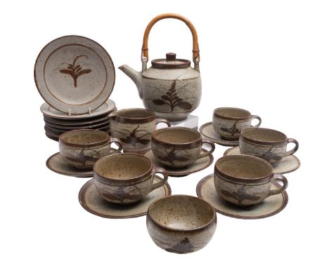 *David Leech [1911-2005] a stoneware part tea service, comprising a tea pot and cover, six cups, six saucers, sugar bowl, mil
