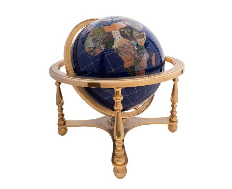 A hardstone inset and brass mounted terrestrial table globe, modern; with knopped supports to a cruciform stretcher shelf wit
