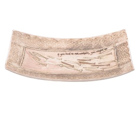*Laurel Keeley [b 1952] a large stoneware dish, of slab built rectangular form, the centre with a panel incised with fish and