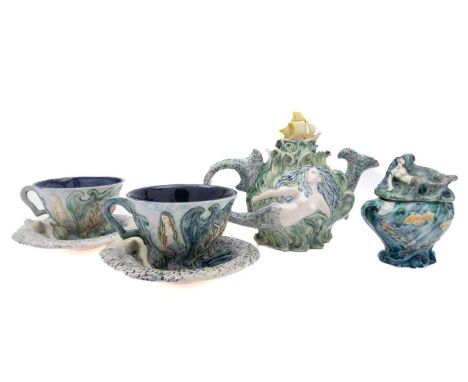 Eliza Hurdle [Contemporary] a pottery part tea service, comprising a tea pot and cover, sugar box and cover and a pair of cup