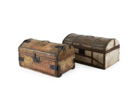 TWO LATE GEORGIAN DOME-TOP HIDE-COVERED TRUNKS  LATE 18TH/ EARLY 19TH CENTURY   with brass stud details, the first bearing a 