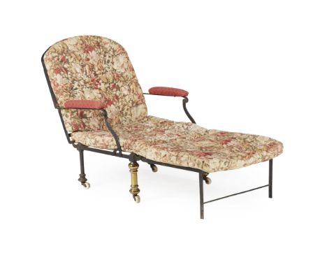 VICTORIAN IRON AND BRASS METAMORPHIC DAY BED  19TH CENTURY   the three-part folding frame with arm pads and loose cushions, r
