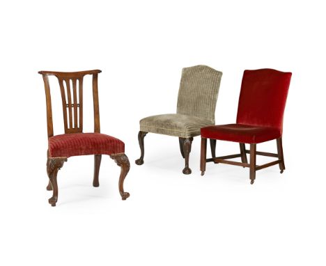 THREE GEORGIAN AND GEORGIAN STYLE SIDE CHAIRS  18TH/ 19TH CENTURY   comprising a George III red plush upholstered chair on ma