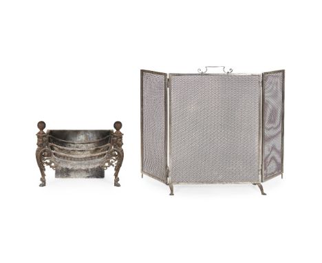 CAST IRON FIRE BASKET  19TH CENTURY  with ball finials above lions' masks and scrolling foliate legs ending in paw feet; toge