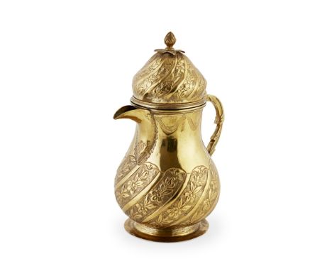 TURKISH/IZNIK BRASS (TOMBAK) COVERED COFFEE POT  18TH/ EARLY 19TH CENTURY  with flower finial and domed cover above the balus