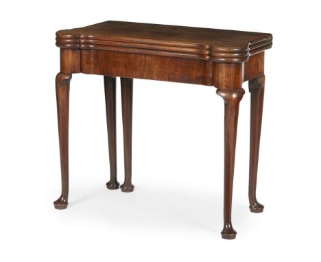 GEORGE II MAHOGANY TRIPLE-FOLD TEA/CARD TABLE  18TH CENTURY   the rectangular top with outset rounded corners, opening on a g