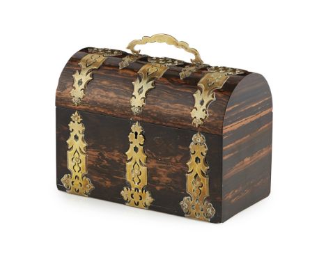 VICTORIAN COROMANDEL BRASS MOUNTED TEA CADDY, HALSTAFF & HANNAFORD, LONDON  19TH CENTURY   with a domed cover with pierced br