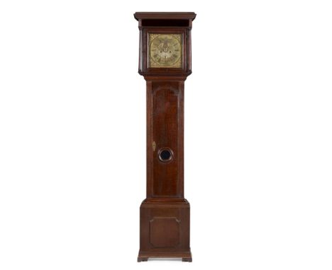 GEORGE III OAK LONGCASE CLOCK  18TH CENTURY   moulded cornice over a glazed panel above a brass dial inscribed 'George Booth,