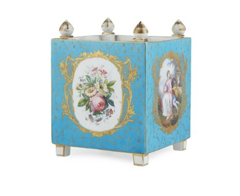 SÈVRES STYLE PORCELAIN JARDINIÈRE  LATE 19TH CENTURY   of slab square form with pointed finials, decorated to opposing sides 