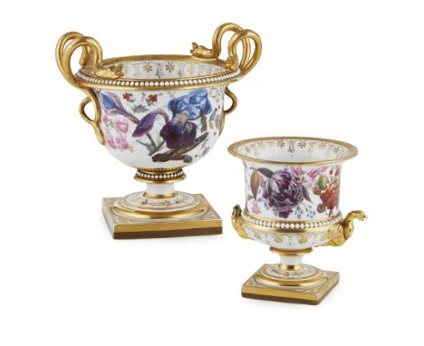 TWO FLIGHT, BARR AND BARR PORCELAIN URNS  EARLY 19TH CENTURY   painted with flowers above socle bases, with gilt highlights a