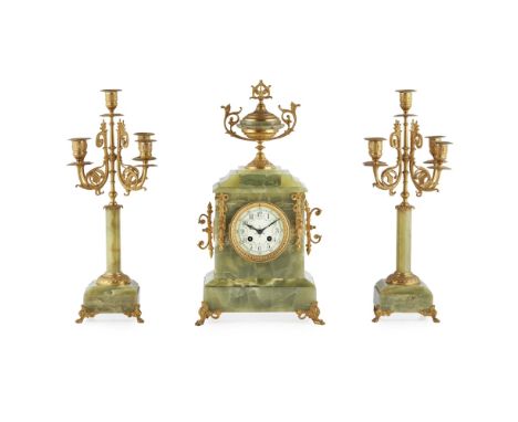 FRENCH GREEN ONYX AND GILT METAL CLOCK GARNITURE  LATE 19TH CENTURY   the clock with an enamelled dial with Arabic numerals a