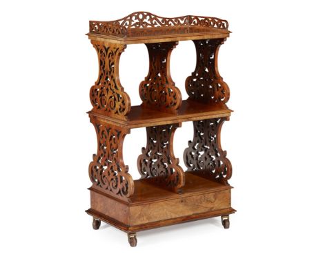 VICTORIAN WALNUT ÉTAGÈRE  19TH CENTURY   with three rectangular tiers raised and divided by pierced and scroll carved waisted
