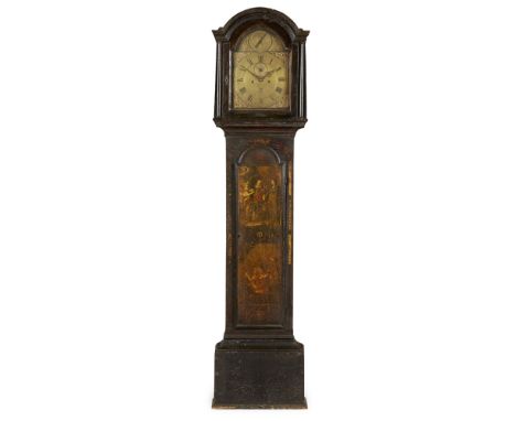 GEORGE II BLACK JAPANNED LONGCASE CLOCK  18TH CENTURY   the arched moulded cornice over an arched brass dial with Roman numbe