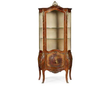 FRENCH KINGWOOD AND VERNIS MARTIN GILT METAL MOUNTED VITRINE  LATE 19TH/ EARLY 20TH CENTURY   the arched pediment with a gilt