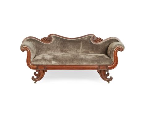 REGENCY MAHOGANY SOFA  EARLY 19TH CENTURY   the scroll carved back above a padded seat and high scroll arms with moulded maho