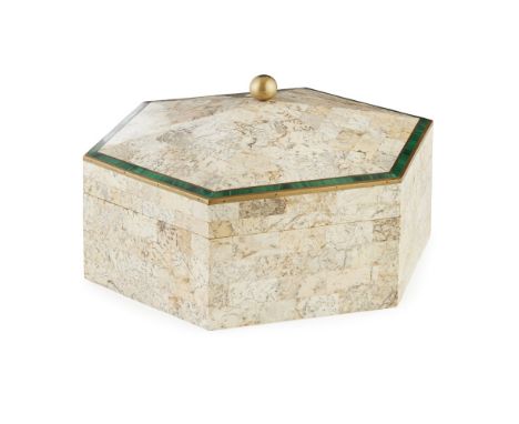 MARBLE VENEERED, MALACHITE AND BRASS HEXAGONAL BOX  MODERN   the hinged hexagonal cover with a brass ball finial opening to a