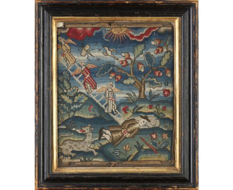 ENGLISH PETIT POINT NEEDLEWORK PANEL OF JACOB'S LADDER  LATE 17TH/ EARLY 18TH CENTURY   depicting Jacob in contemporary dress