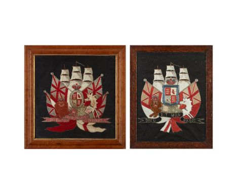 TWO VICTORIAN MARINE SILKWORK PICTURES  LATE 19TH CENTURY   each depicting a ship and the Royal Coat of Arms with inscription