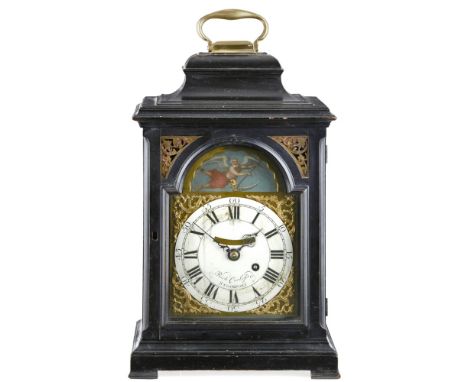 GEORGE III EBONISED BRACKET CLOCK, RICHARD CORLISS, STOCKPORT  18TH CENTURY   the bell top case with a brass handle above an 