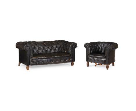 VICTORIAN LEATHER CHESTERFIELD AND ARMCHAIR  LATE 19TH CENTURY   covered in button upholstered black leather, on turned woode