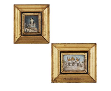 TWO INDIAN SCHOOL MINIATURE PAINTINGS  19TH CENTURY   on ivory, the first depicting a woman in traditional dress with a huqqa