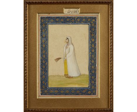 MUGHAL STANDING PORTRAIT OF A WOMAN IN SUFI DRESS  MID 18TH CENTURY   opaque pigments heightened with gold on paper, depicted