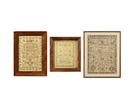 THREE NEEDLEWORK SAMPLERS  FIRST HALF 19TH CENTURY   two with the same verse, variously with flowers, animals, baskets, and p