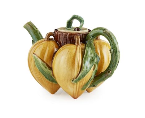 MINTON MAJOLICA 'LYCHEES' TEAPOT AND COVER  MID 19TH CENTURY   with leaf-form finial above four conjoined lychees flanked by 