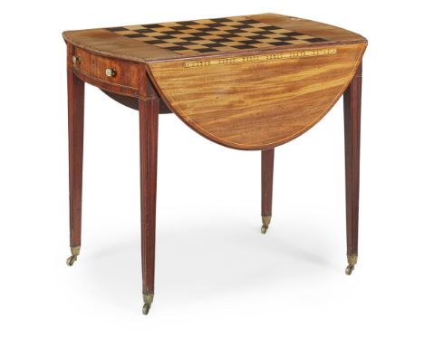 GEORGE III MAHOGANY, EBONY AND SATINWOOD PEMBROKE GAMES TABLE  LATE 18TH CENTURY   the oval top with drop sides and inlaid wi