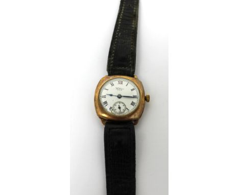 Waltham; a gentlemen's vintage 9ct yellow gold cased wristwatch with circular white enamel dial set with Roman numerals and s