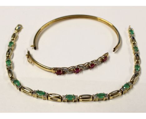 A 9ct gold bangle set with tiny white diamonds and red stones (af) and a 9ct gold link bracelet set with tiny white diamonds 