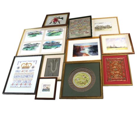 A quantity of Oriental embroidered pictures, an early 20th century cross stitch sampler  by Millie Tummey 1888, with history 
