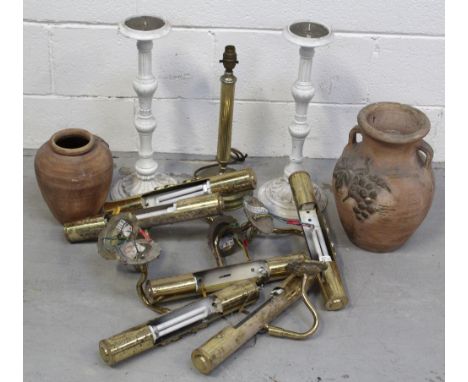 Six contemporary brass cylindrical downlighters, with decorative wall mounting, two white-painted metal candleholders, a bras