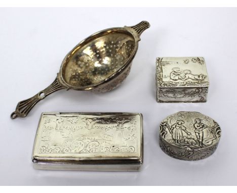 A mid-19th century Dutch hallmarked silver snuff box, the hinged lid engraved with pastoral scene, stamped AD 83, 833 standar