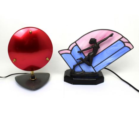 An Art Deco style stained glass table light, height 32.5cm and a further circular example (2).