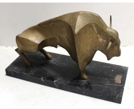 JOHN MULVEY (1939-); a bronze sculpture, 'Bison', on a black veined marble base with bronze plaque, 'Bison by John Mulvey 197