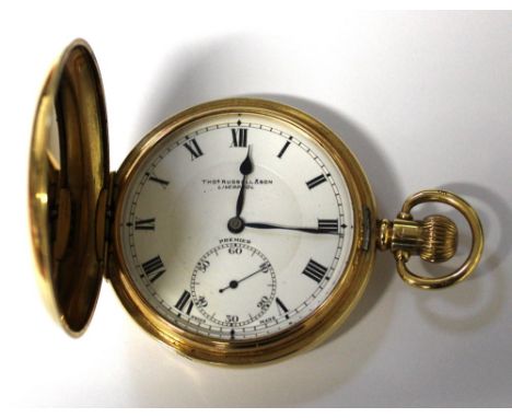 Thomas Russell & Son; an 18ct gold full hunter pocket watch, the enamelled dial set with Roman numerals and subsidiary second